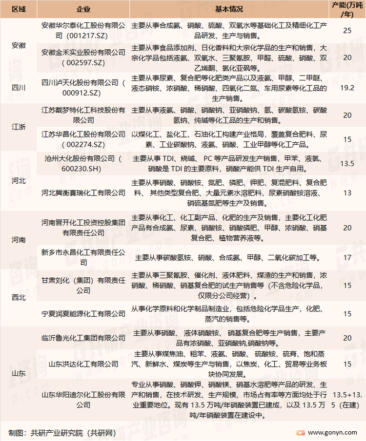 我国硝酸市场主要参与者介绍