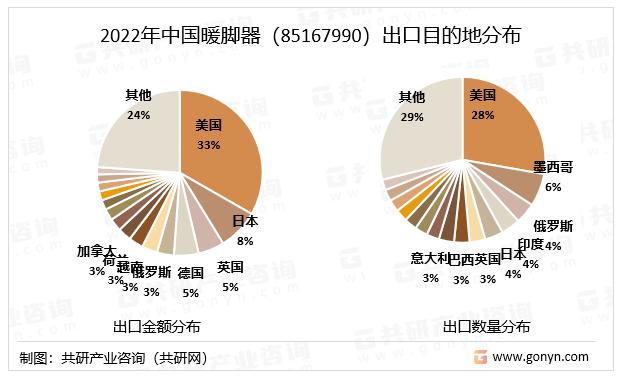 2022年中国暖脚器（85167990）出口目的地分布