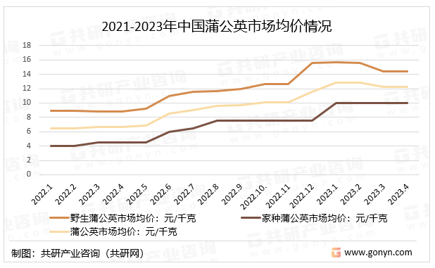 2021-2023年中国蒲公英市场均价情况
