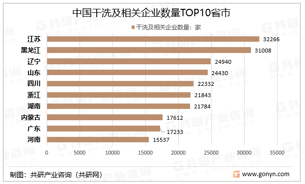 中国干洗及相关企业数量TOP10省市