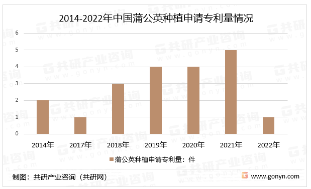 2014-2022年中国蒲公英种植申请专利量情况