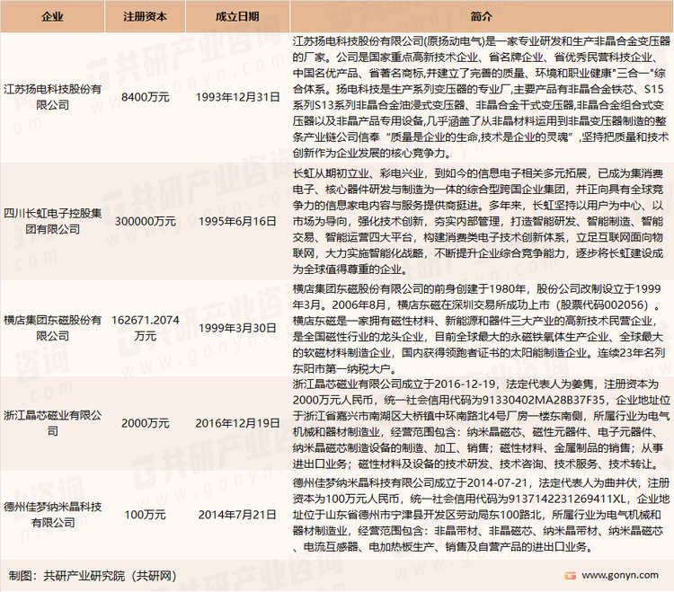 我国纳米晶磁芯行业主要参与者介绍