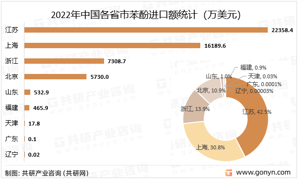 2022年中国各省市苯酚进口额统计