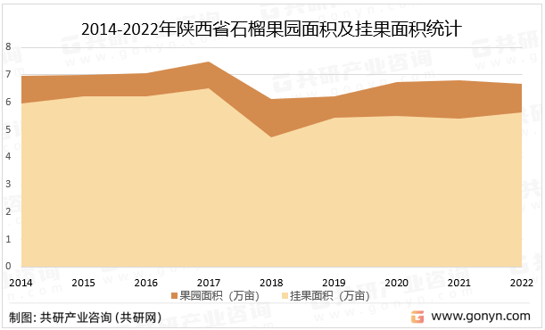 2014-2022年陕西省石榴果园面积及挂果面积统计