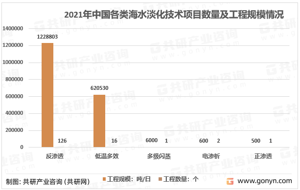 2021年中国各类海水淡化技术项目数量及工程规模情况