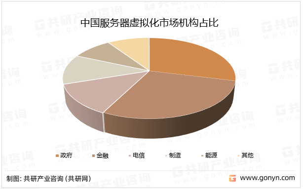 政府及金融行业一直是虚拟化应用的重要领域，在中国服务器虚拟化市场中占比遥遥领先。制造、能源行业近几年信息化、数字化步伐加快，成为虚拟化的重点应用行业，中国制造、能源行业的市场占比分别为11.9%和8.9%。中国服务器虚拟化市场机构占比