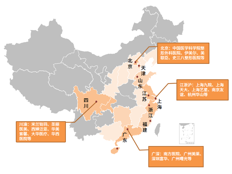 重点美容机构在我国的分布情况