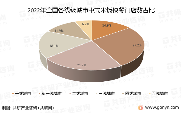 2022年全国各线级城市中式米饭快餐门店数占比