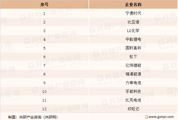 中国新能源车电池市场主要企业