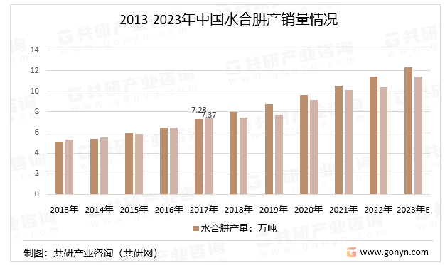 2013-2023年中国水合肼产销量情况