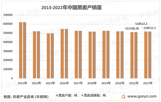 2013-2022年中国黑麦产销量