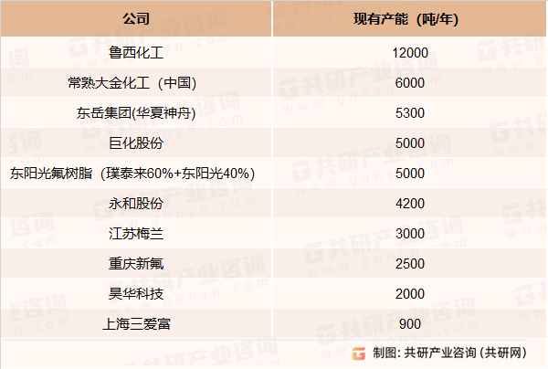 国内主要FEP产能统计