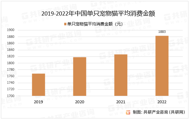 2019-2022年中國單只寵物貓平均消費金額