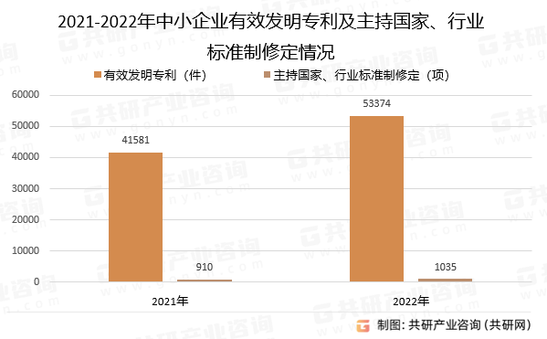 2021-2022年中小企业有效发明专利及主持国家、行业标准制修定情况