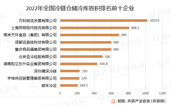 2022年全国冷链仓储冷库容积排名前十企业