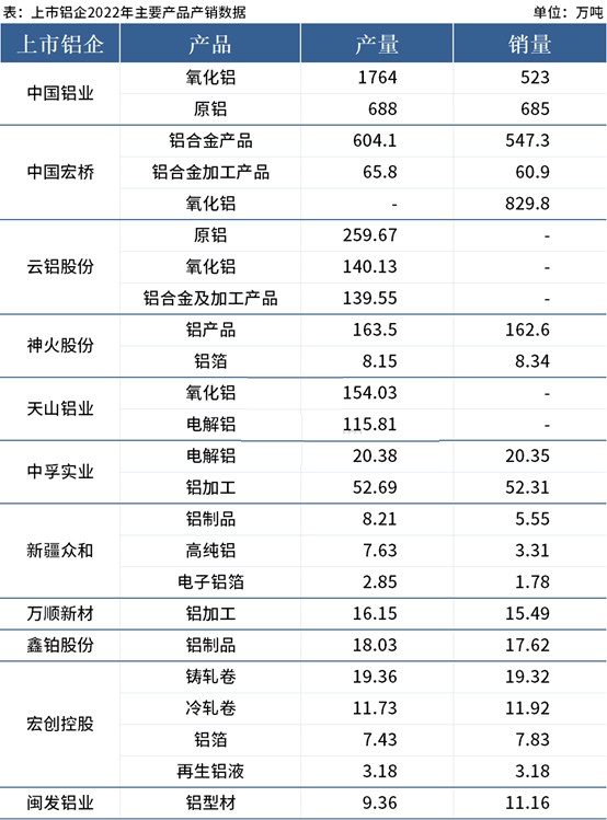 2022年部分氧化铝企业产品产销量情况单位：万吨