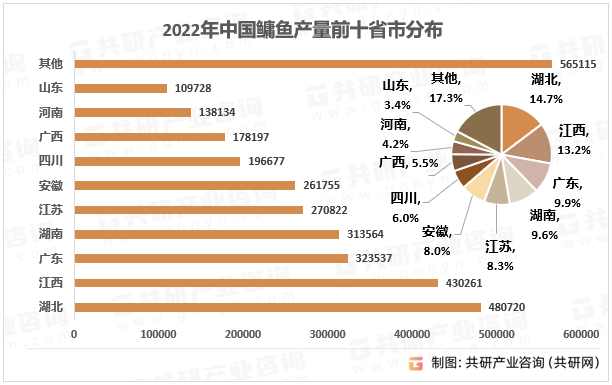2022年中国鳙鱼产量前十省市分布(吨)