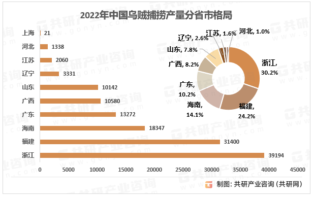 2022年中国乌贼捕捞产量分省市格局