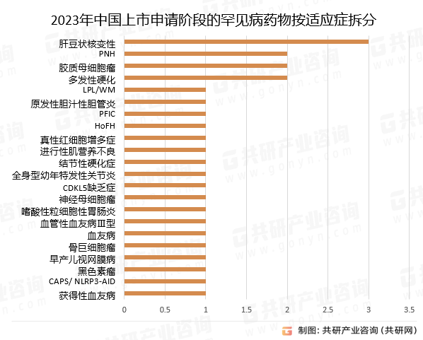 2023年中国上市申请阶段的罕见病药物按适应症拆分
