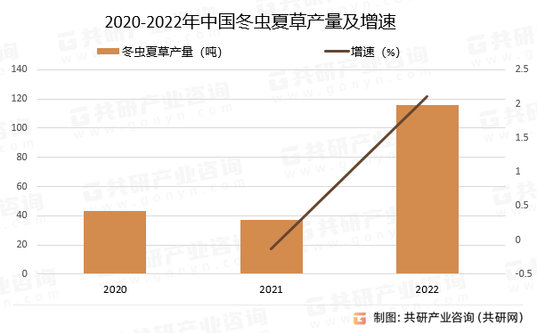 2020-2022年中国冬虫夏草产量及增速
