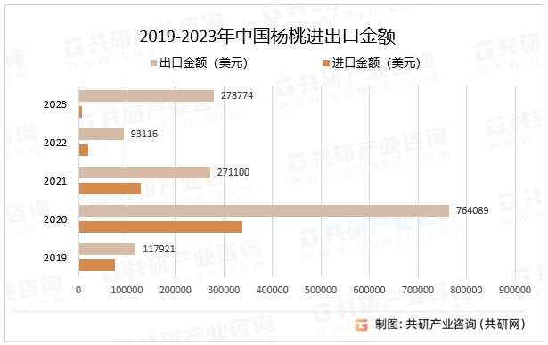 2019-2023年中国杨桃进出口金额