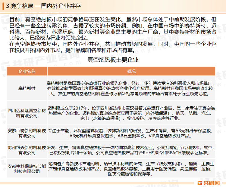 除了家电和建筑领域外，真空绝热板还广泛应用于冷链物流、航空航天、汽车、工业管道等多个领域，市场需求增长也为真空绝热板市场的发展提供了广阔的空间。冷链物流市场的快速发展也推动了真空绝热板的应用，在冷藏车、冷藏集装箱等设备中，真空绝热板能够有效延长货物的保鲜期，降低运输成本，满足冷链物流行业对高效隔热材料的需求，各国政府纷纷出台相关政策以推动节能环保产业的发展。随着全球化进程的加速和国际贸易的不断发展，真空绝热板在国际市场上的应用也逐渐增加。特别是在日本、韩国、欧洲和北美等发达国家和地区，真空绝热板在家电、冷链物流等领域的应用已经初具规模，这些市场的拓展为真空绝热板行业提供了更广阔的发展空间和市场机遇。