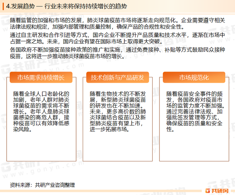 随着技术的不断创新、市场需求的不断增长以及政策监管的加强，该市场将呈现出更加多元化和规范化的发展态势。同时，国际企业和国内企业之间的竞争也将更加激烈，共同推动肺炎球菌疫苗市场的繁荣发展。