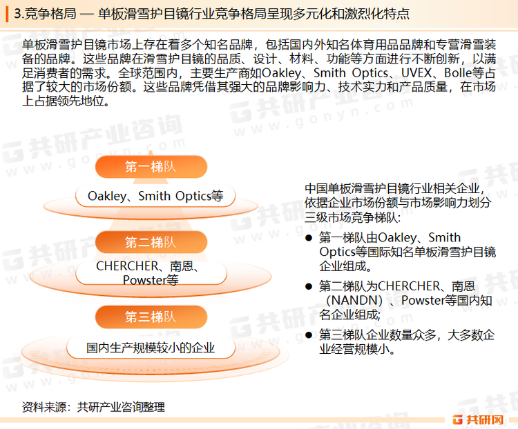 单板滑雪护目镜的国内外企业众多，各有其特点和优势。技术创新是推动单板滑雪护目镜行业发展的重要因素。各品牌纷纷投入研发，推出具有更高可见度、清晰度和对不同光照条件适应性的护目镜产品。例如，Oakley的Prizm技术、Smith的Chromapop技术等都在市场上获得了广泛认可。