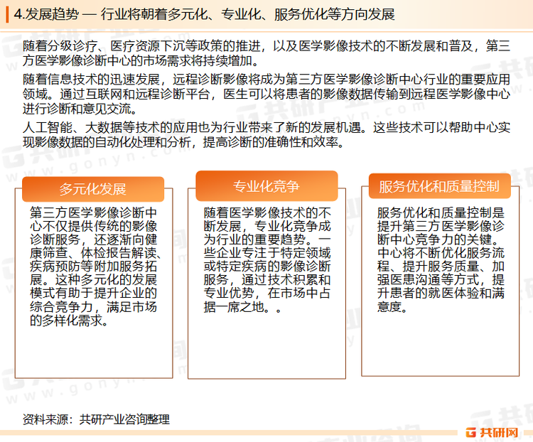 第三方医学影像诊断中心的发展趋势呈现出多元化、专业化、技术创新、远程诊断和服务优化等特点。未来，随着医学影像技术的不断进步和市场需求的不断增长，第三方医学影像诊断中心将迎来更加广阔的发展前景。