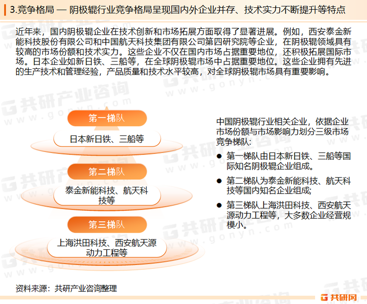 国内企业在技术创新和市场需求方面表现出色，而国外企业则凭借其深厚的技术积淀和丰富的生产经验在全球市场中占据重要地位。未来，随着全球新能源产业的不断发展和技术的不断进步，阴极辊行业的竞争格局将会进一步演变。