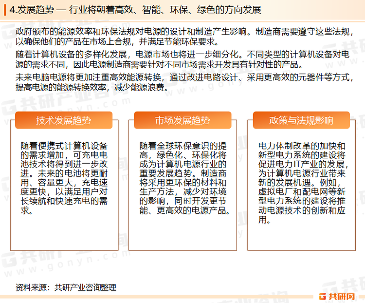 计算机电源行业将朝着高效、智能、环保、绿色的方向发展。技术进步和市场需求的双重驱动下，该行业将持续保持快速增长态势，为计算机设备的稳定运行和节能减排做出重要贡献。
