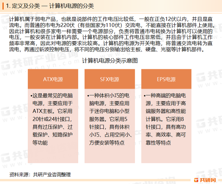 计算机电源是指为计算机及其附属设备提供所需电能的装置。它不仅承担着提供电能的功能，还有保护计算机硬件的重要任务。计算机电源是计算机系统中不可或缺的重要组成部分，它负责将普通市电转换为计算机可以使用的电压，并通过一系列电路和器件保障稳定的电能供应和硬件保护。