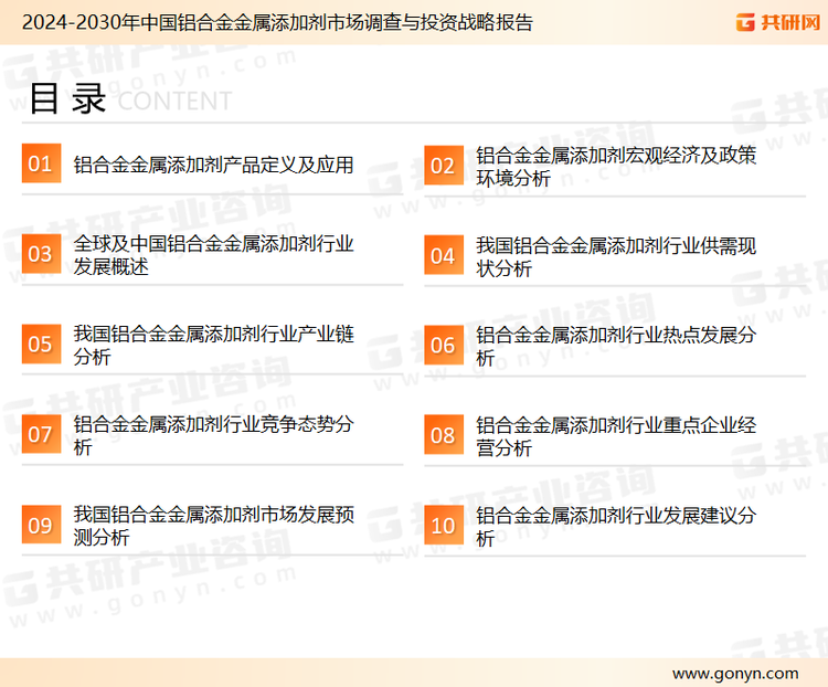 为确保铝合金金属添加剂行业数据精准性以及内容的可参考价值，共研产业研究院团队通过上市公司年报、厂家调研、经销商座谈、专家验证等多渠道开展数据采集工作，并运用共研自主建立的产业分析模型，结合市场、行业和厂商进行深度剖析，能够反映当前市场现状、热点、动态及未来趋势，使从业者能够从多种维度、多个侧面综合了解当前铝合金金属添加剂行业的发展态势。