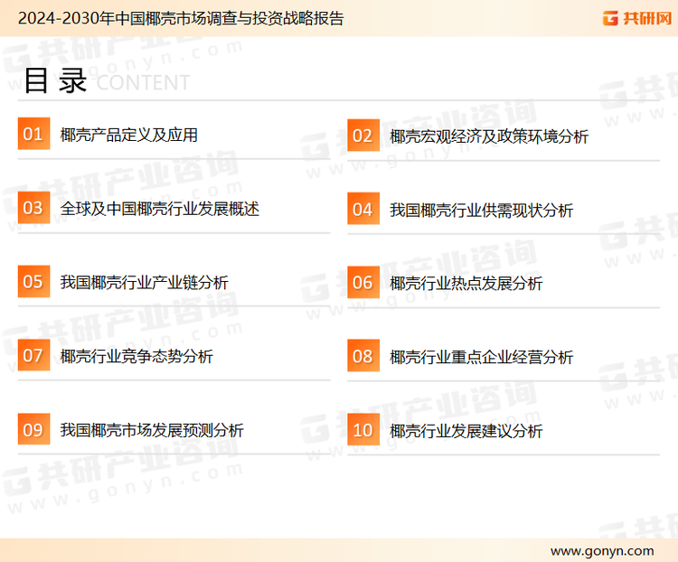为确保椰壳行业数据精准性以及内容的可参考价值，共研产业研究院团队通过上市公司年报、厂家调研、经销商座谈、专家验证等多渠道开展数据采集工作，并运用共研自主建立的产业分析模型，结合市场、行业和厂商进行深度剖析，能够反映当前市场现状、热点、动态及未来趋势，使从业者能够从多种维度、多个侧面综合了解当前椰壳行业的发展态势。