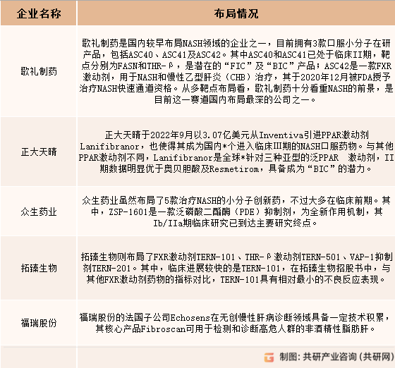 我国非酒精性脂肪性肝炎药物行业相关企业情况