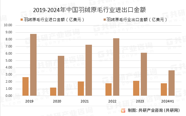 2019-2024年中国羽绒原毛行业进出口金额
