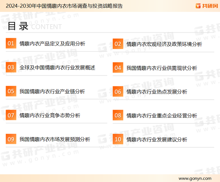 为确保情趣内衣行业数据精准性以及内容的可参考价值，共研产业研究院团队通过上市公司年报、厂家调研、经销商座谈、专家验证等多渠道开展数据采集工作，并运用共研自主建立的产业分析模型，结合市场、行业和厂商进行深度剖析，能够反映当前市场现状、热点、动态及未来趋势，使从业者能够从多种维度、多个侧面综合了解当前情趣内衣行业的发展态势。