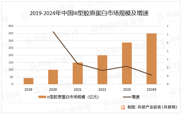 III型胶原蛋白在人体中发挥着重要作用，对于维持皮肤健康和功能具有重要意义。在选择和使用相关产品时，应充分了解其特性和作用机制，并根据个人情况进行合理选择，预计2024年中国III型胶原蛋白市场规模持续增长。2019-2024年中国III型胶原蛋白市场规模及增速