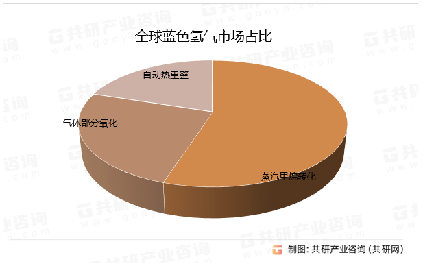 随着技术的不断进步和创新，碳捕集与封存技术的效率和成本将不断优化，为蓝色氢气的广泛应用提供有力支持。随着全球对清洁能源需求的不断增加和环保意识的提高，蓝色氢气作为过渡性的清洁能源解决方案将受到越来越多的关注和青睐，其中全球蓝色氢气市场占比中，蒸汽甲烷转化占比超一半。全球蓝色氢气市场占比