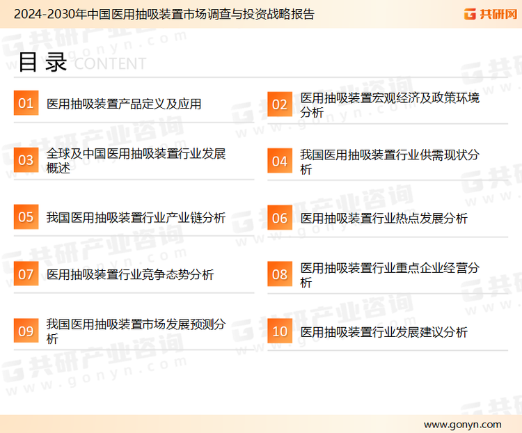 为确保医用抽吸装置行业数据精准性以及内容的可参考价值，共研产业研究院团队通过上市公司年报、厂家调研、经销商座谈、专家验证等多渠道开展数据采集工作，并运用共研自主建立的产业分析模型，结合市场、行业和厂商进行深度剖析，能够反映当前市场现状、热点、动态及未来趋势，使从业者能够从多种维度、多个侧面综合了解当前医用抽吸装置行业的发展态势。