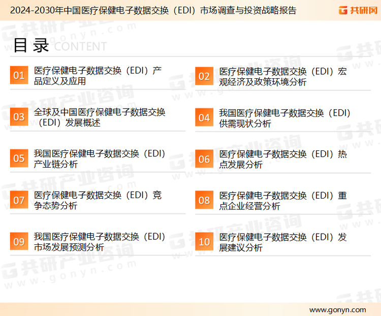 为确保医疗保健电子数据交换（EDI）行业数据精准性以及内容的可参考价值，共研产业研究院团队通过上市公司年报、厂家调研、经销商座谈、专家验证等多渠道开展数据采集工作，并运用共研自主建立的产业分析模型，结合市场、行业和厂商进行深度剖析，能够反映当前市场现状、热点、动态及未来趋势，使从业者能够从多种维度、多个侧面综合了解当前医疗保健电子数据交换（EDI）行业的发展态势。