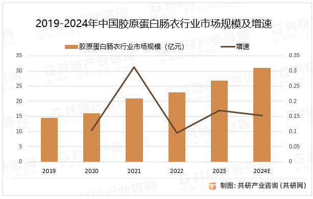 2019-2024年中国胶原蛋白肠衣行业市场规模及增速