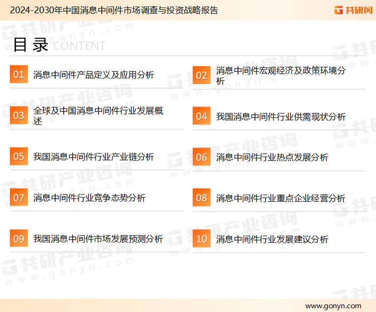 为确保消息中间件行业数据精准性以及内容的可参考价值，共研产业研究院团队通过上市公司年报、厂家调研、经销商座谈、专家验证等多渠道开展数据采集工作，并运用共研自主建立的产业分析模型，结合市场、行业和厂商进行深度剖析，能够反映当前市场现状、热点、动态及未来趋势，使从业者能够从多种维度、多个侧面综合了解当前消息中间件行业的发展态势。