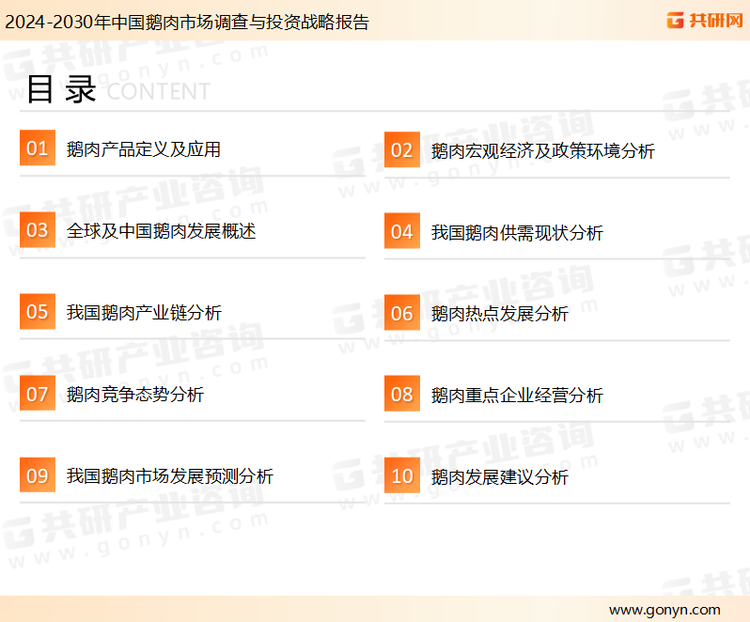 为确保鹅肉行业数据精准性以及内容的可参考价值，共研产业研究院团队通过上市公司年报、厂家调研、经销商座谈、专家验证等多渠道开展数据采集工作，并运用共研自主建立的产业分析模型，结合市场、行业和厂商进行深度剖析，能够反映当前市场现状、热点、动态及未来趋势，使从业者能够从多种维度、多个侧面综合了解当前鹅肉行业的发展态势。