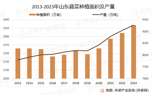 2013~2023年山东蔬菜种植面积及产量