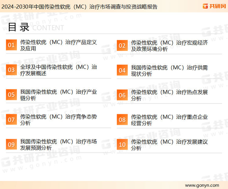 为确保传染性软疣（MC）治疗行业数据精准性以及内容的可参考价值，共研产业研究院团队通过上市公司年报、厂家调研、经销商座谈、专家验证等多渠道开展数据采集工作，并运用共研自主建立的产业分析模型，结合市场、行业和厂商进行深度剖析，能够反映当前市场现状、热点、动态及未来趋势，使从业者能够从多种维度、多个侧面综合了解当前传染性软疣（MC）治疗行业的发展态势。
