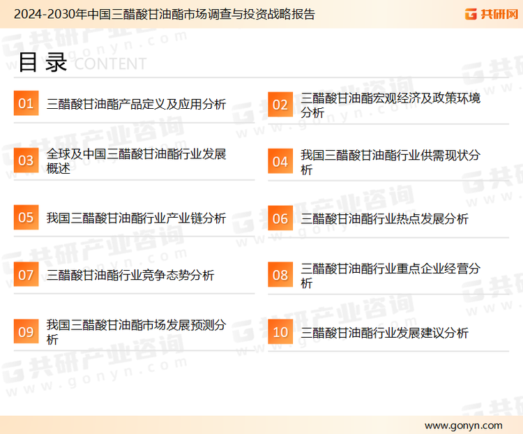为确保三醋酸甘油酯行业数据精准性以及内容的可参考价值，共研产业研究院团队通过上市公司年报、厂家调研、经销商座谈、专家验证等多渠道开展数据采集工作，并运用共研自主建立的产业分析模型，结合市场、行业和厂商进行深度剖析，能够反映当前市场现状、热点、动态及未来趋势，使从业者能够从多种维度、多个侧面综合了解当前三醋酸甘油酯行业的发展态势。