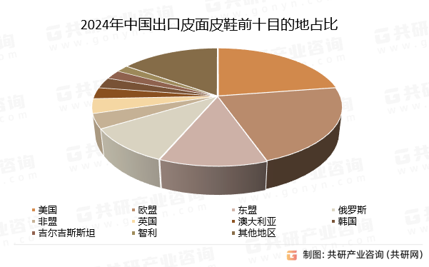 2024年中国出口皮面皮鞋前十目的地占比