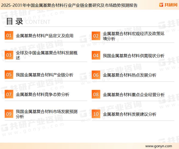 为确保金属基复合材料行业数据精准性以及内容的可参考价值，共研产业研究院团队通过上市公司年报、厂家调研、经销商座谈、专家验证等多渠道开展数据采集工作，并运用共研自主建立的产业分析模型，结合市场、行业和厂商进行深度剖析，能够反映当前市场现状、热点、动态及未来趋势，使从业者能够从多种维度、多个侧面综合了解当前金属基复合材料行业的发展态势。