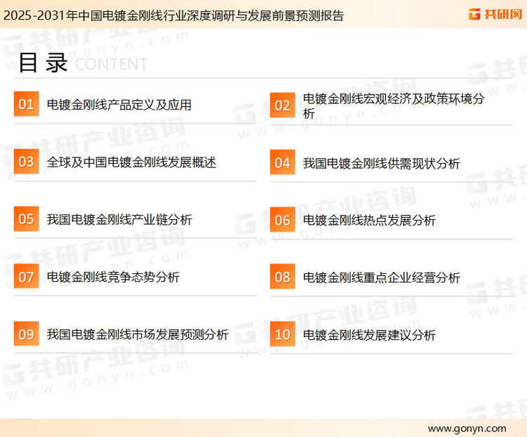 为确保电镀金刚线行业数据精准性以及内容的可参考价值，共研产业研究院团队通过上市公司年报、厂家调研、经销商座谈、专家验证等多渠道开展数据采集工作，并运用共研自主建立的产业分析模型，结合市场、行业和厂商进行深度剖析，能够反映当前市场现状、热点、动态及未来趋势，使从业者能够从多种维度、多个侧面综合了解当前电镀金刚线行业的发展态势。